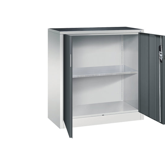Workshop side cupboard with hinged doors, width x depth 930 x 400 mm, light grey / charcoal.