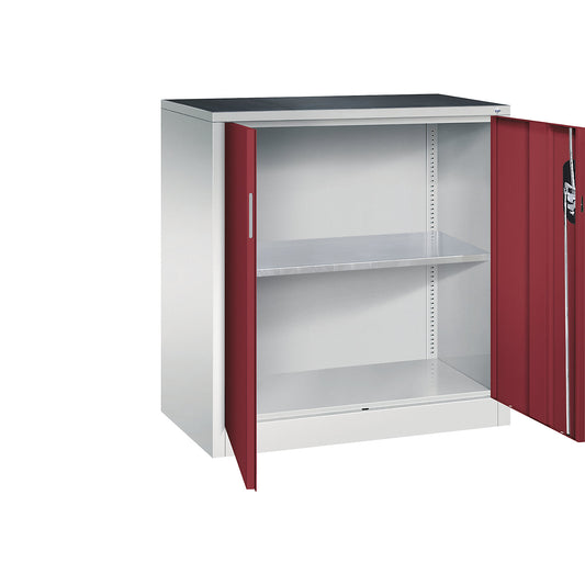 Workshop side cupboard with hinged doors, width x depth 930 x 500 mm, light grey / ruby red.