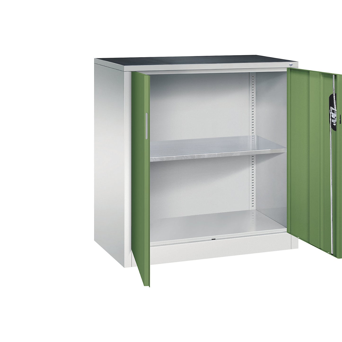 Workshop side cupboard with hinged doors, width x depth 930 x 500 mm, light grey / reseda green.
