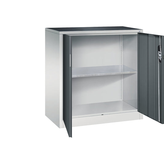 Workshop side cupboard with hinged doors, width x depth 930 x 500 mm, light grey / charcoal.