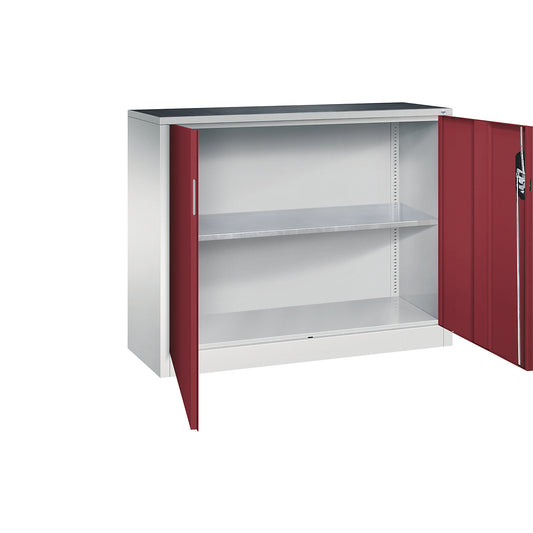 Workshop side cupboard with hinged doors, width x depth 1200 x 400 mm, light grey / ruby red.