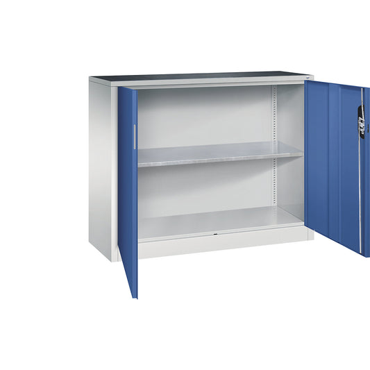 Workshop side cupboard with hinged doors, width x depth 1200 x 400 mm, light grey / gentian blue.