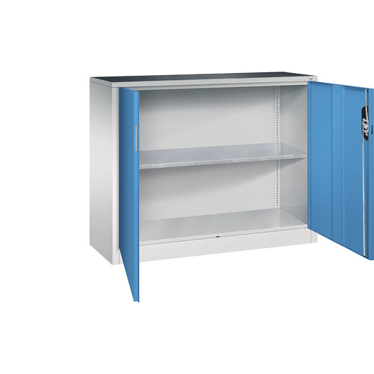 Workshop side cupboard with hinged doors, width x depth 1200 x 400 mm, light grey / light blue.