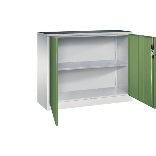 Workshop side cupboard with hinged doors, width x depth 1200 x 400 mm, light grey / reseda green.