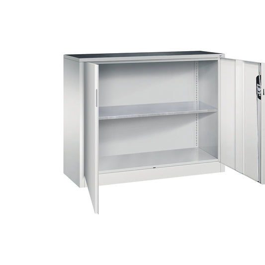 Workshop side cupboard with hinged doors, width x depth 1200 x 400 mm, light grey / light grey.