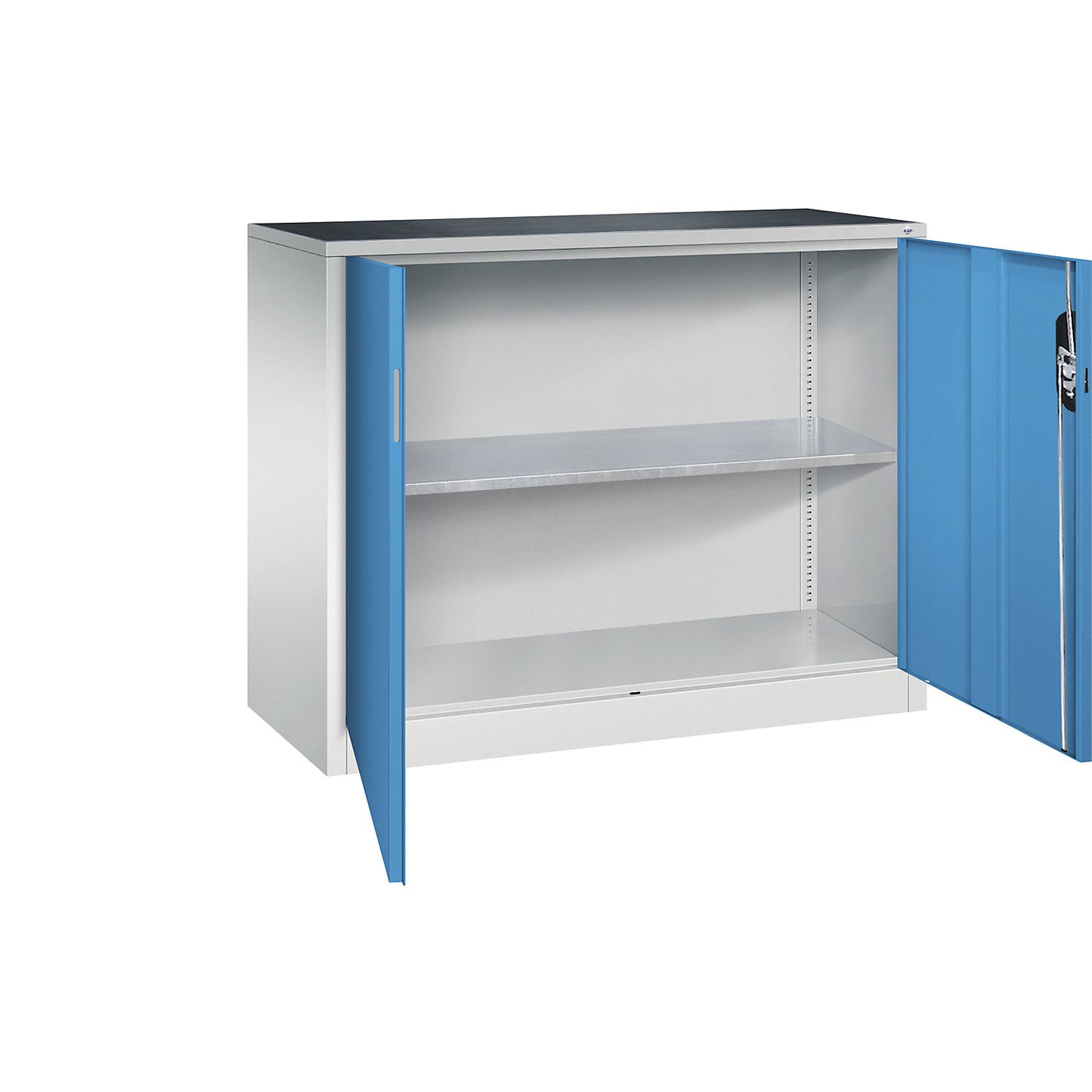 Workshop side cupboard with hinged doors, width x depth 1200 x 500 mm, light grey / light blue.