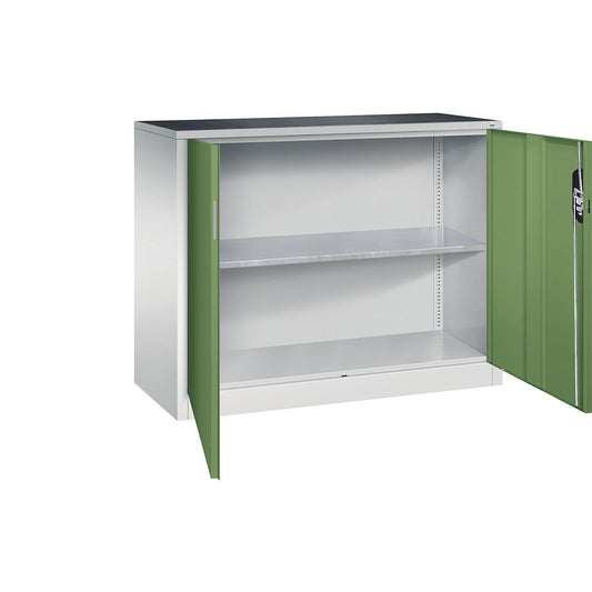 Workshop side cupboard with hinged doors, width x depth 1200 x 500 mm, light grey / reseda green.