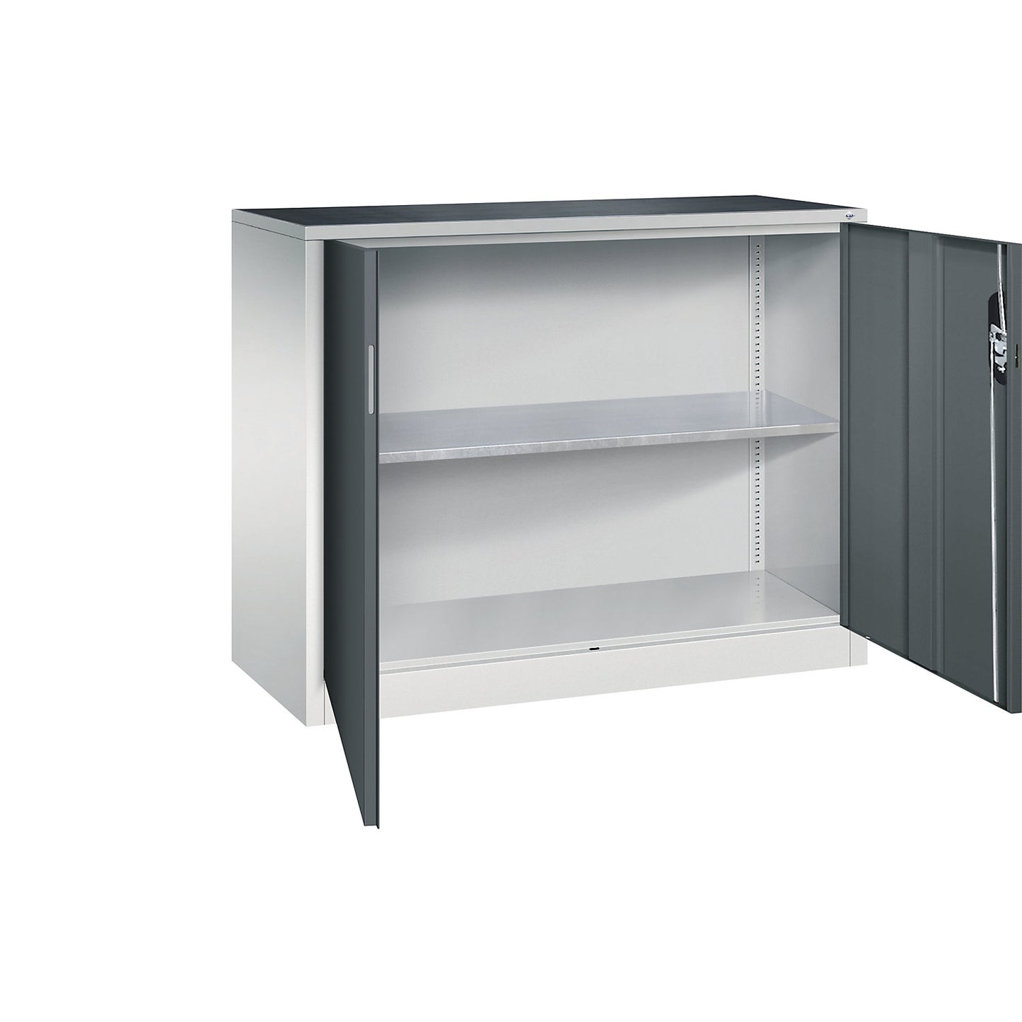 Workshop side cupboard with hinged doors, width x depth 1200 x 500 mm, light grey / charcoal.