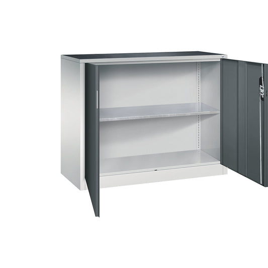 Workshop side cupboard with hinged doors, width x depth 1200 x 500 mm, light grey / charcoal.