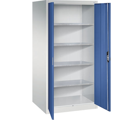 Workshop double door cupboard, HxWxD 1950 x 930 x 800 mm, light grey / gentian blue.