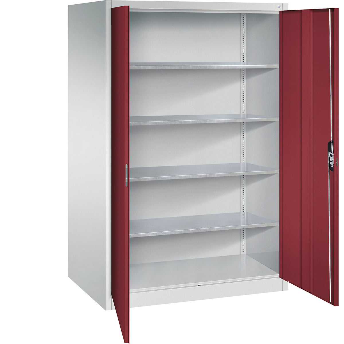 Workshop double door cupboard, HxWxD 1950 x 1200 x 800 mm, light grey / ruby red.