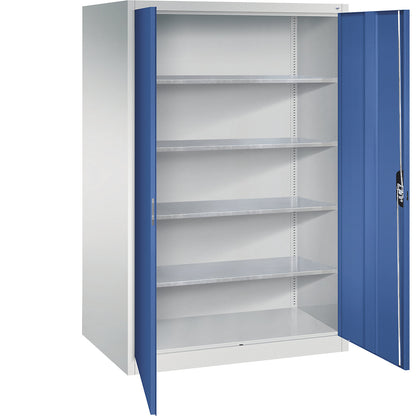 Workshop double door cupboard, HxWxD 1950 x 1200 x 800 mm, light grey / gentian blue.