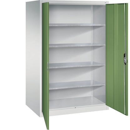 Workshop double door cupboard, HxWxD 1950 x 1200 x 800 mm, light grey / reseda green.