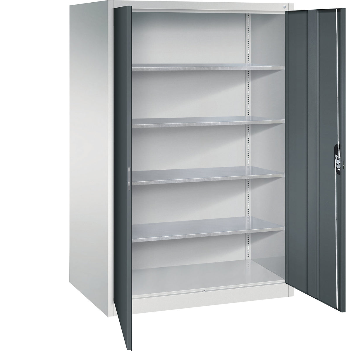 Workshop double door cupboard, HxWxD 1950 x 1200 x 800 mm, light grey / charcoal.