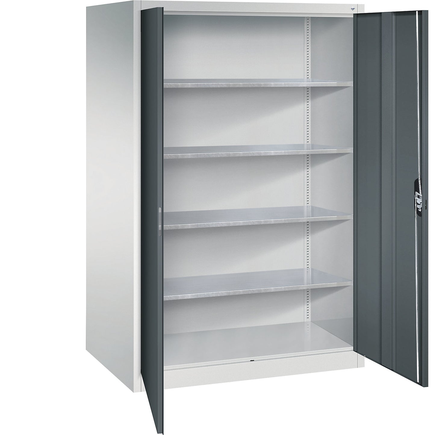 Workshop double door cupboard, HxWxD 1950 x 1200 x 400 mm, light grey / charcoal.
