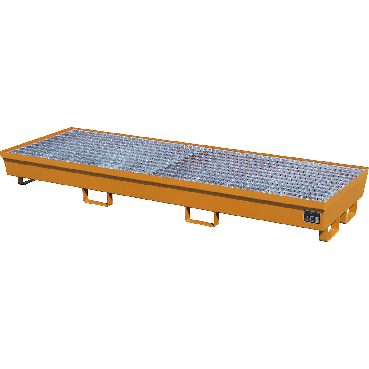 Steel sump tray with edge profiles, for 4 x 200 l drums, LxW 2400 x 800 mm, orange RAL 2000.