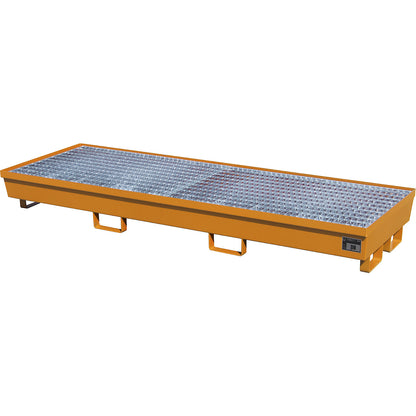 Steel sump tray with edge profiles, for 4 x 200 l drums, LxW 2400 x 800 mm, orange RAL 2000.