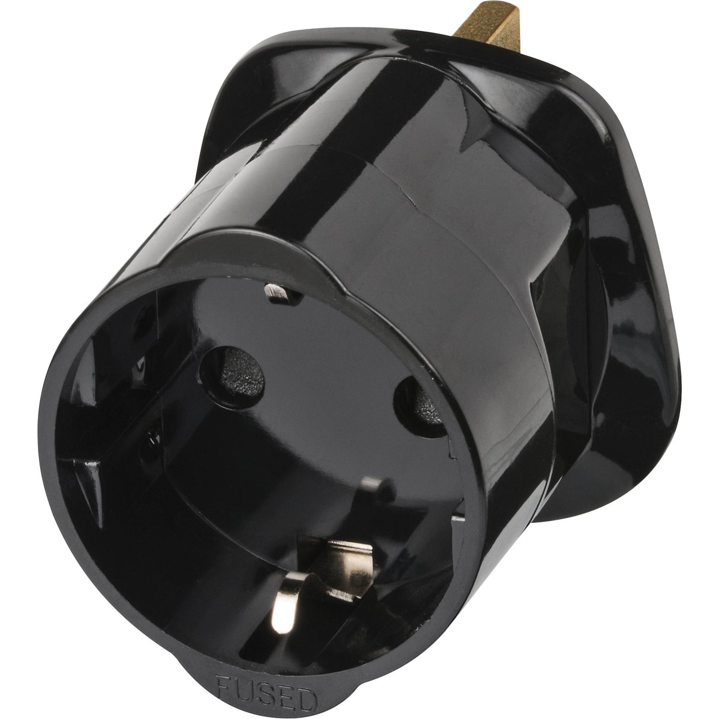 Adapter plug for Great Britain, European earthed socket, to UK plug system.