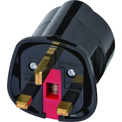 Adapter plug for Great Britain, European earthed socket, to UK plug system.