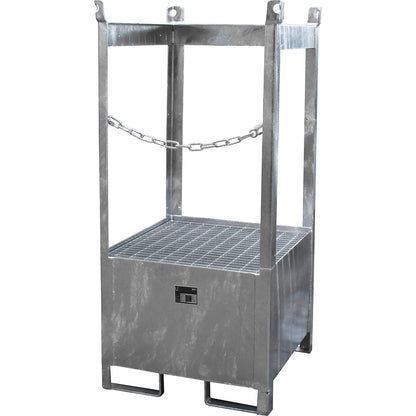 Storage and transport pallet with sump tray, open on all sides, stackable, for 1 drum, zinc plated.