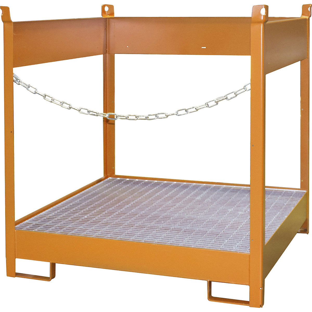 Storage and transport pallet with sump tray, open on all sides, stackable, for 4 drums, painted.