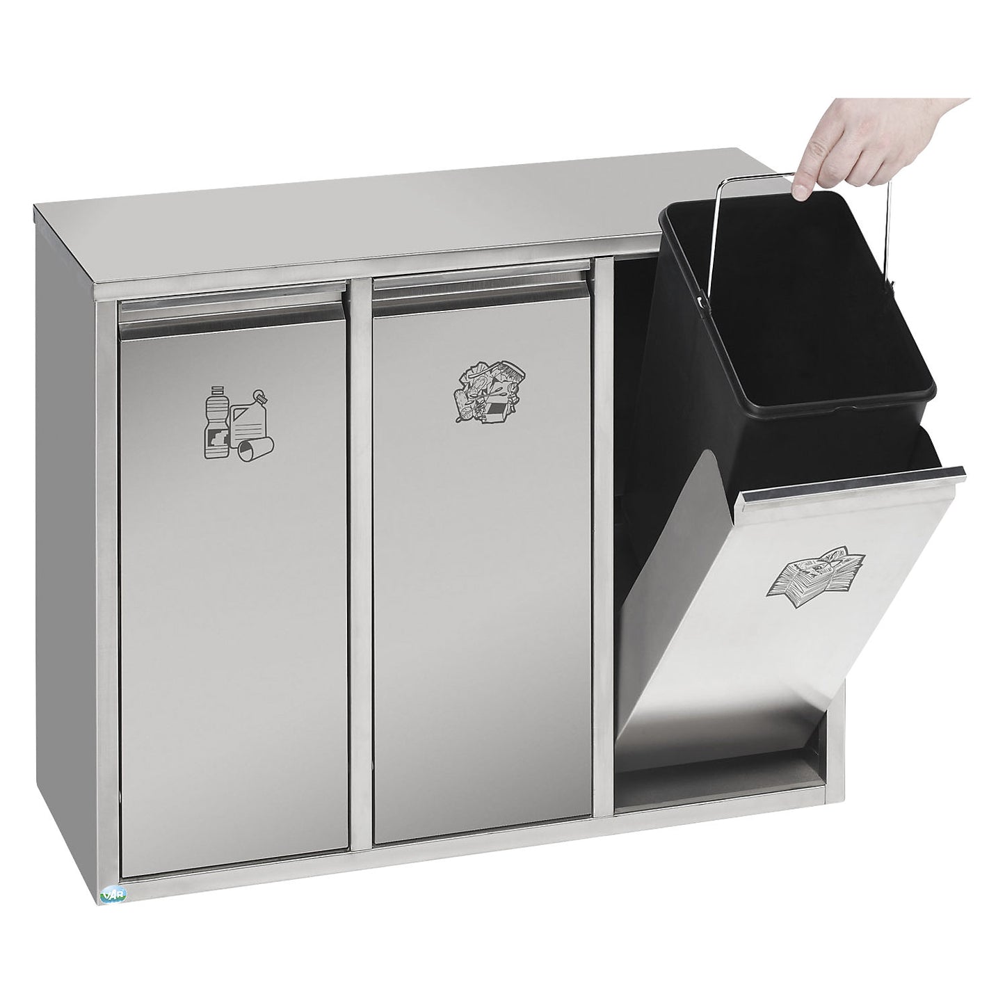 Recyclable waste sorting station, stainless steel, 3 x 12 l capacity, with swing doors.