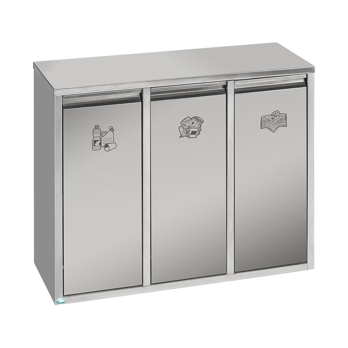 Recyclable waste sorting station, stainless steel, 3 x 12 l capacity, with swing doors.