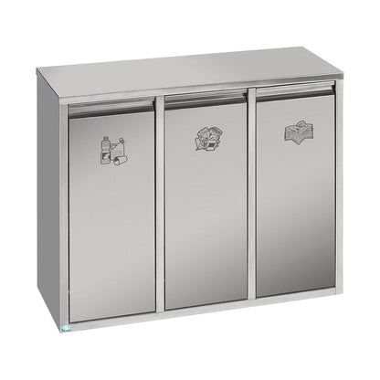 Recyclable waste sorting station, stainless steel, 3 x 12 l capacity, with swing doors.