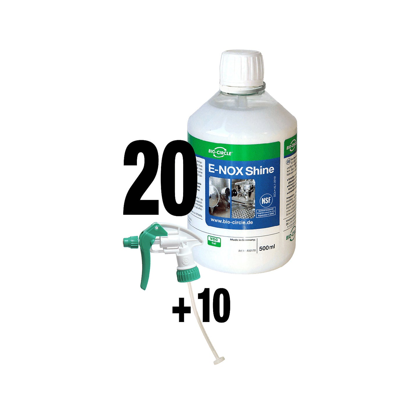 E-NOX Shine stainless steel cleaner, pack of 20 + 10 sprayers, water-based.