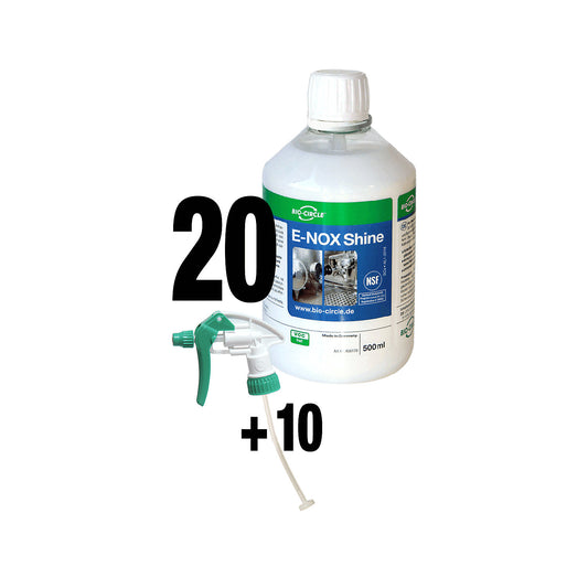 E-NOX Shine stainless steel cleaner, pack of 20 + 10 sprayers, water-based.
