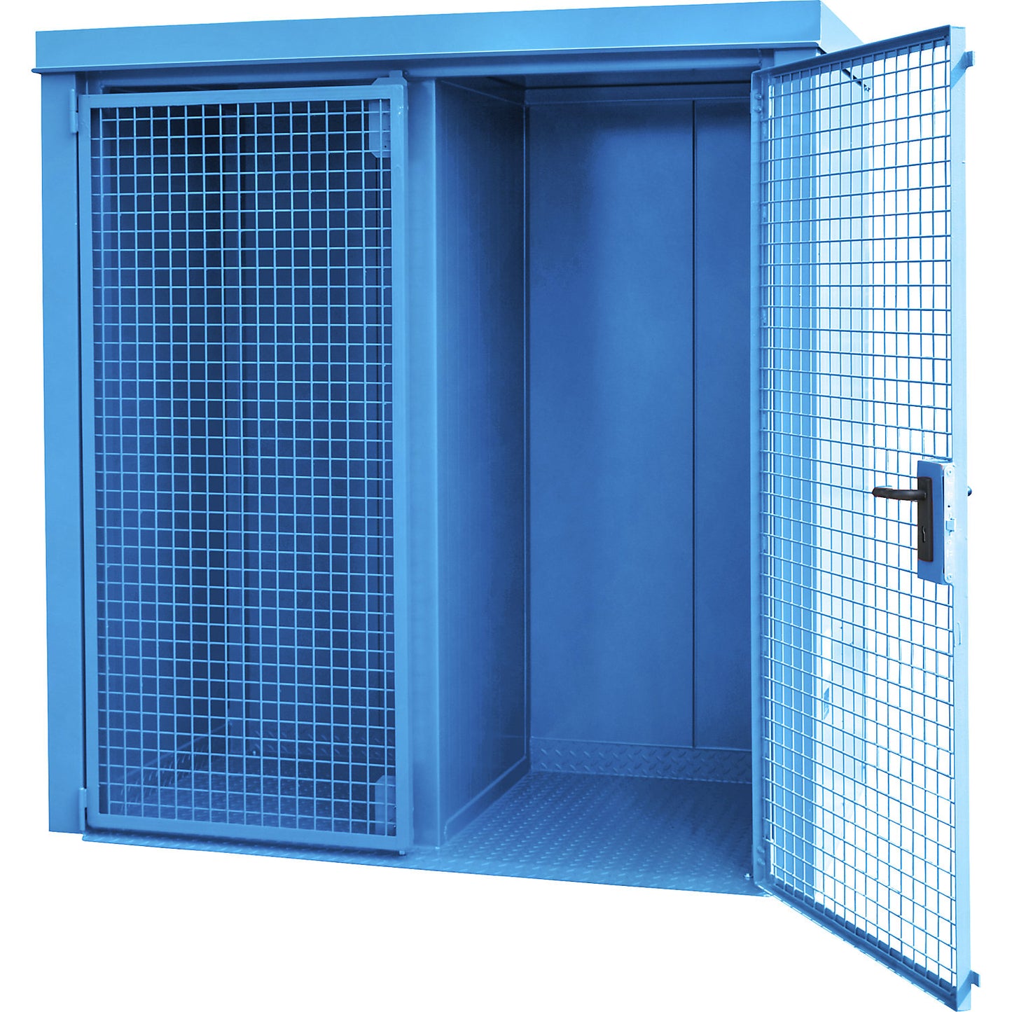 Gas cylinder container with divider, fire resistant, for 28 cylinders with Ø 230 mm, blue.