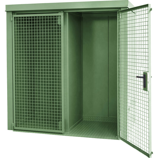 Gas cylinder container with divider, fire resistant, for 28 cylinders with Ø 230 mm, green.