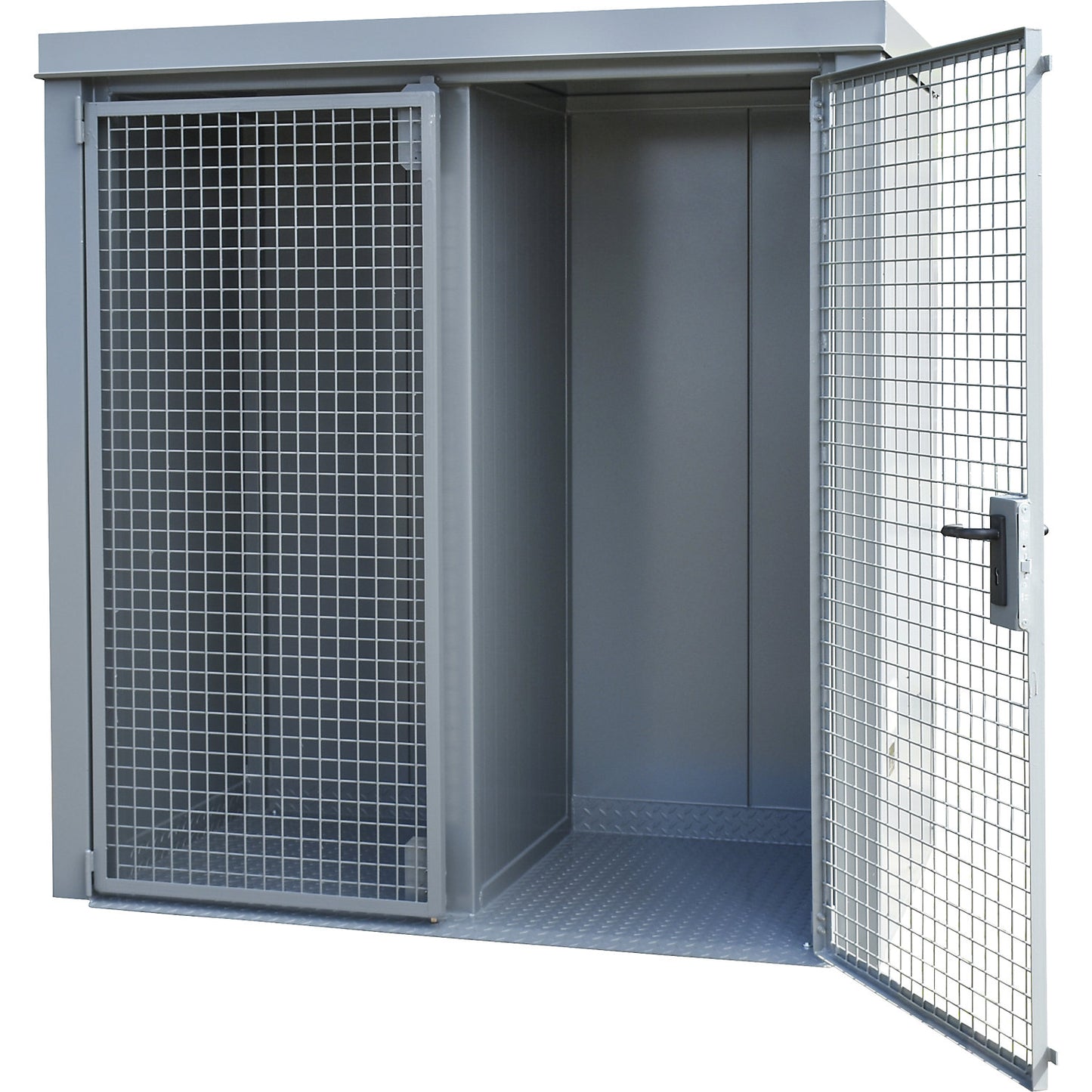 Gas cylinder container with divider, fire resistant, for 28 cylinders with Ø 230 mm, grey.