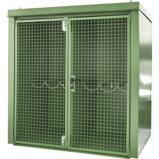 Gas cylinder container with divider, fire resistant, for 35 cylinders with Ø 230 mm, green.