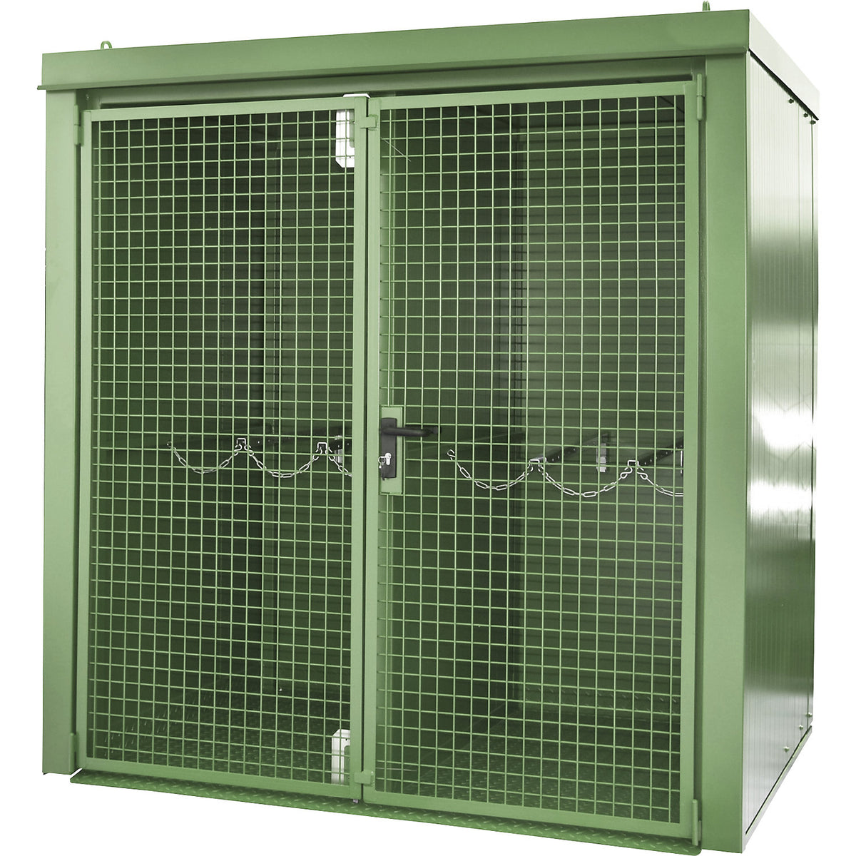 Gas cylinder container with divider, fire resistant, for 35 cylinders with Ø 230 mm, green.