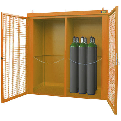 Gas cylinder container with divider, fire resistant, for 45 cylinders with Ø 230 mm, orange.