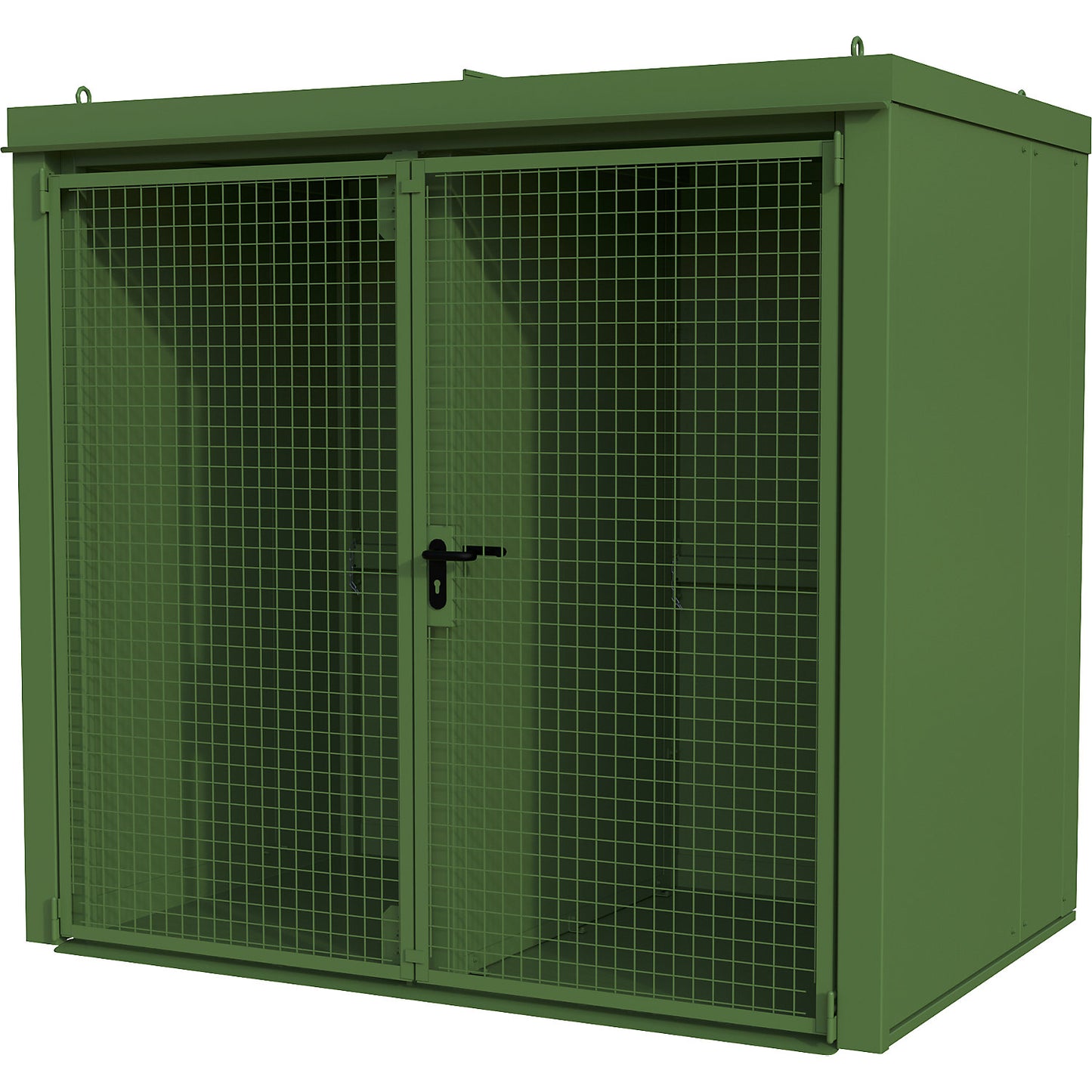 Gas cylinder container with divider, fire resistant, for 45 cylinders with Ø 230 mm, green.