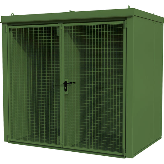 Gas cylinder container with divider, fire resistant, for 45 cylinders with Ø 230 mm, green.