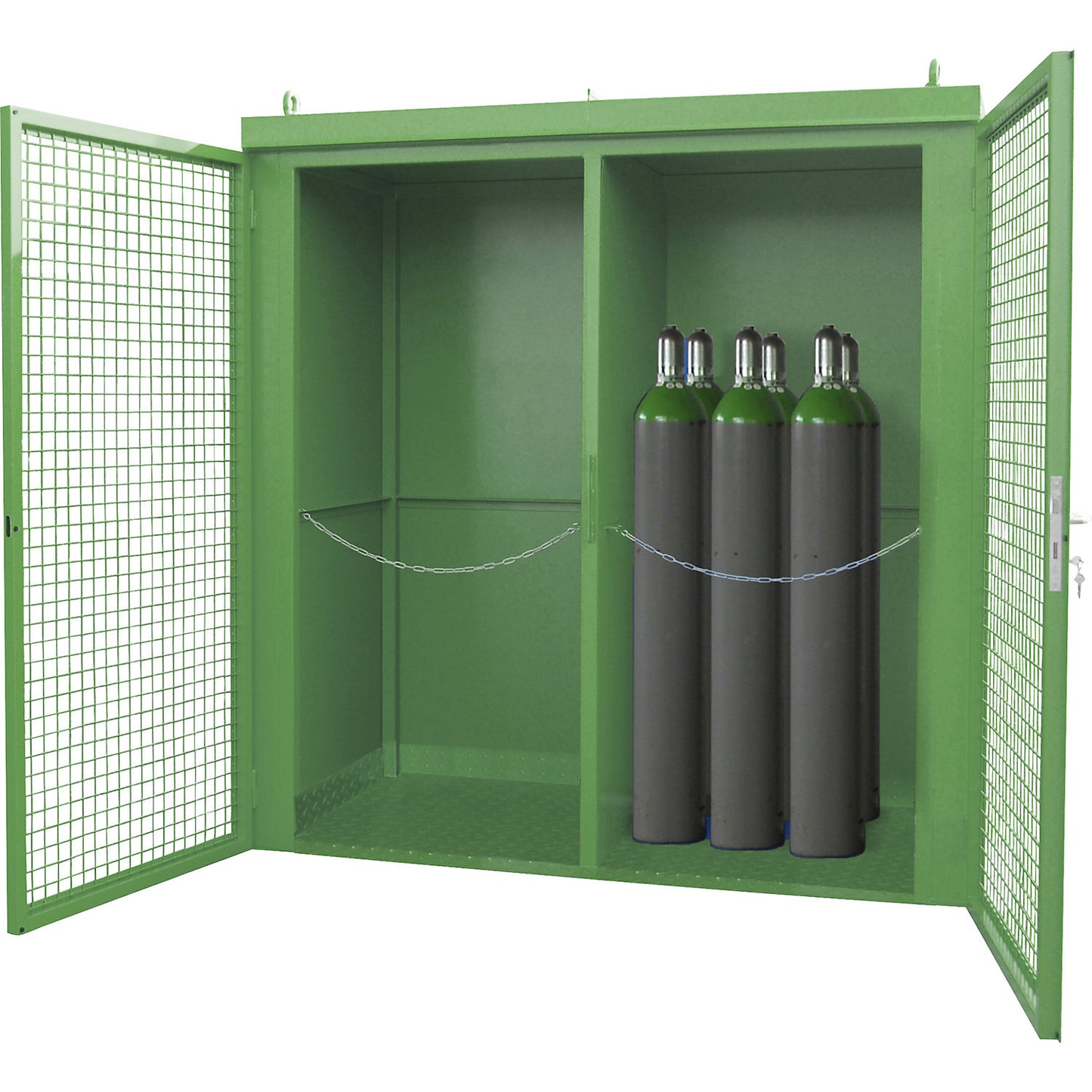 Gas cylinder container with divider, fire resistant, for 45 cylinders with Ø 230 mm, green.