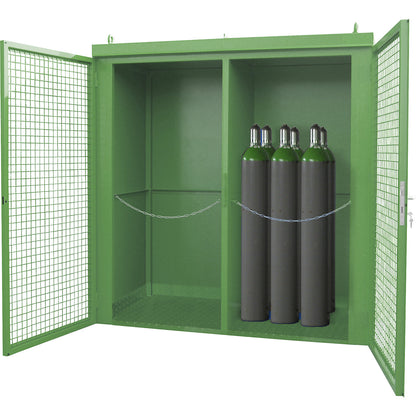 Gas cylinder container with divider, fire resistant, for 45 cylinders with Ø 230 mm, green.