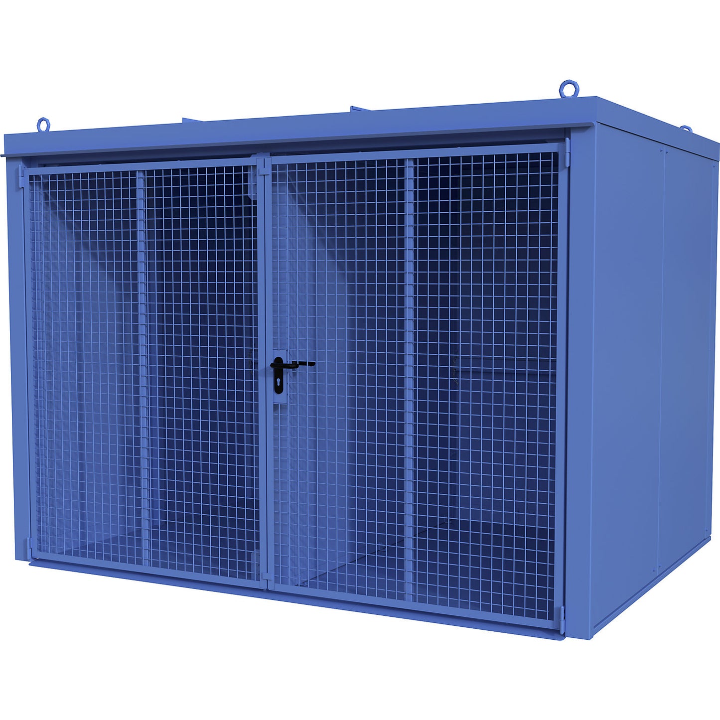 Gas cylinder container with divider, fire resistant, for 96 cylinders with Ø 230 mm, blue.