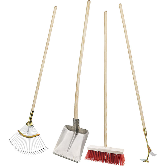 Landscaping equipment set, aluminium shovel, street broom, leaf rake, kerb cleaner, with handles.