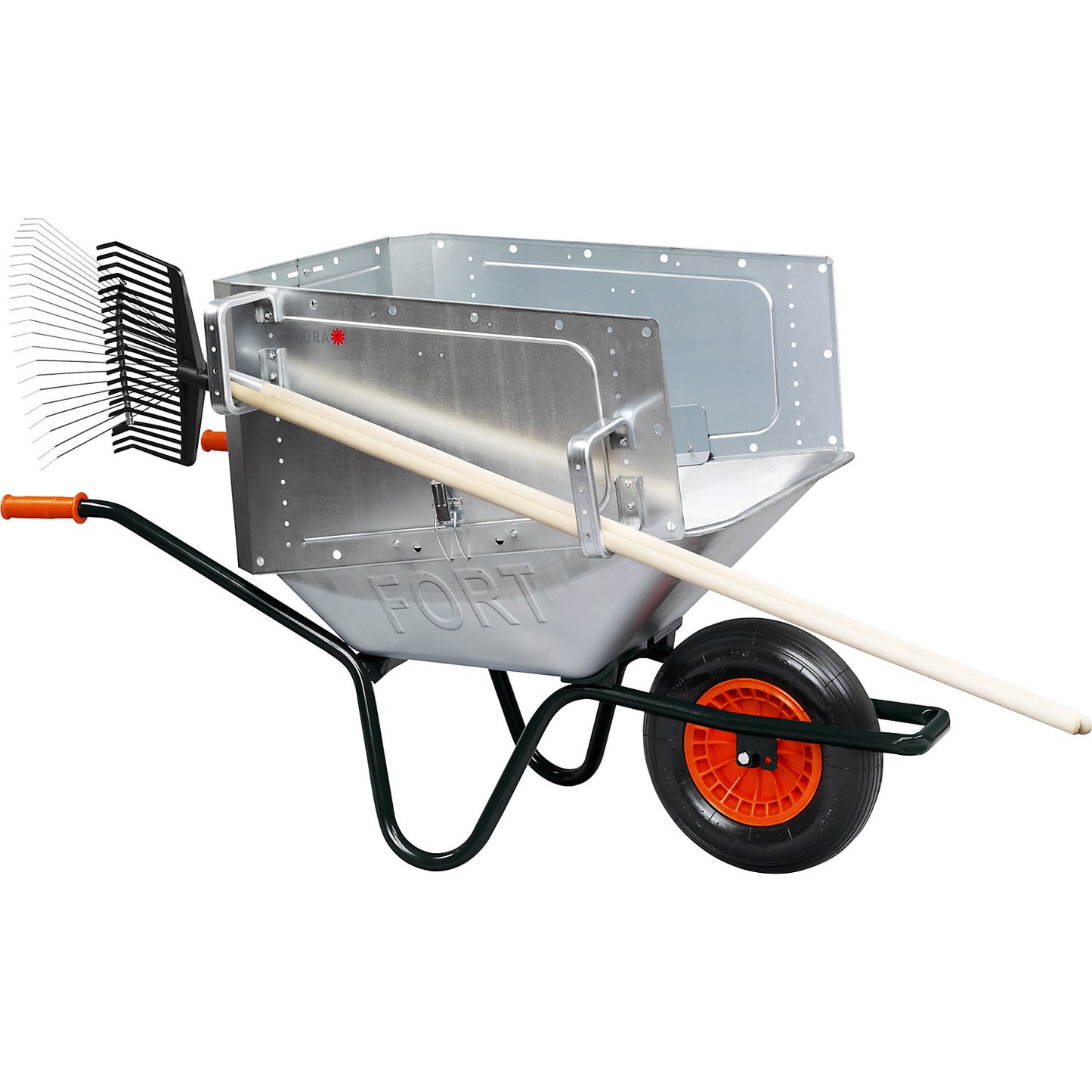 Extension element for wheelbarrow, with tool bracket, for self-assembly.