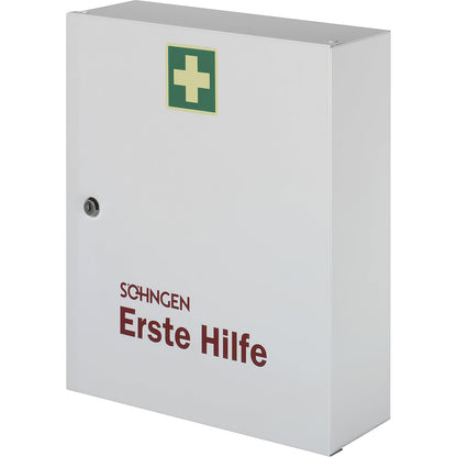 First aid cupboard, DIN 13157, with contents, white, depth 112 mm, HxW 462 x 402 mm.