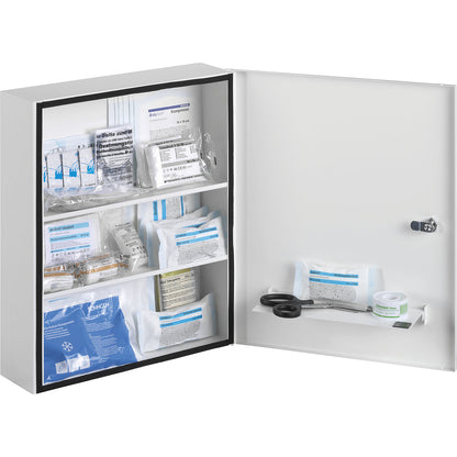 First aid cupboard, DIN 13157, with contents, white, depth 112 mm, HxW 462 x 402 mm.