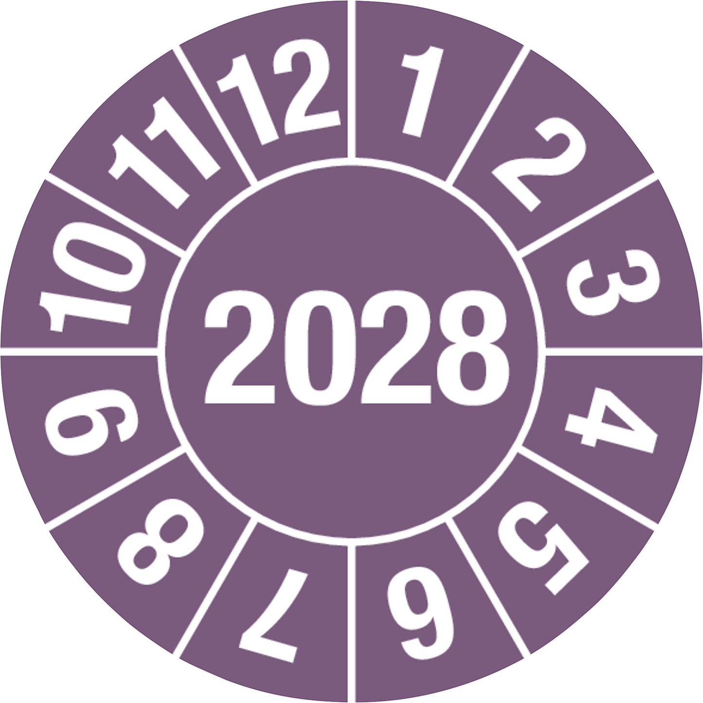 Test placard, 4 digit year, document film, Ø 15 mm, 2028, purple.