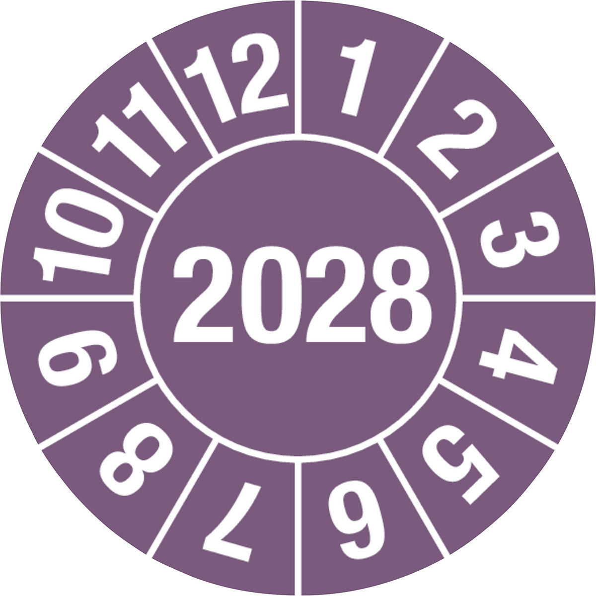 Test placard, 4 digit year, document film, Ø 15 mm, 2028, purple.