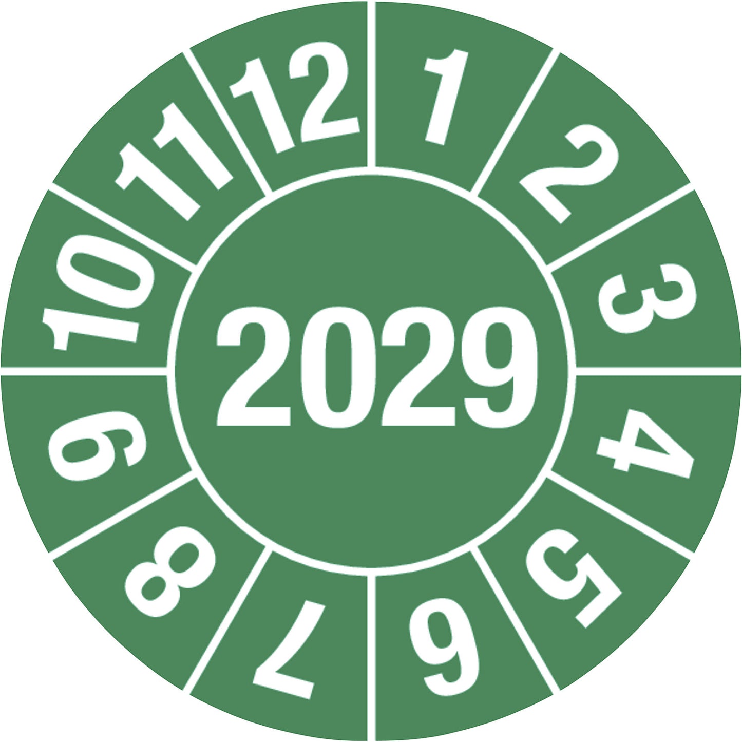 Test placard, 4 digit year, document film, Ø 15 mm, 2029, green.