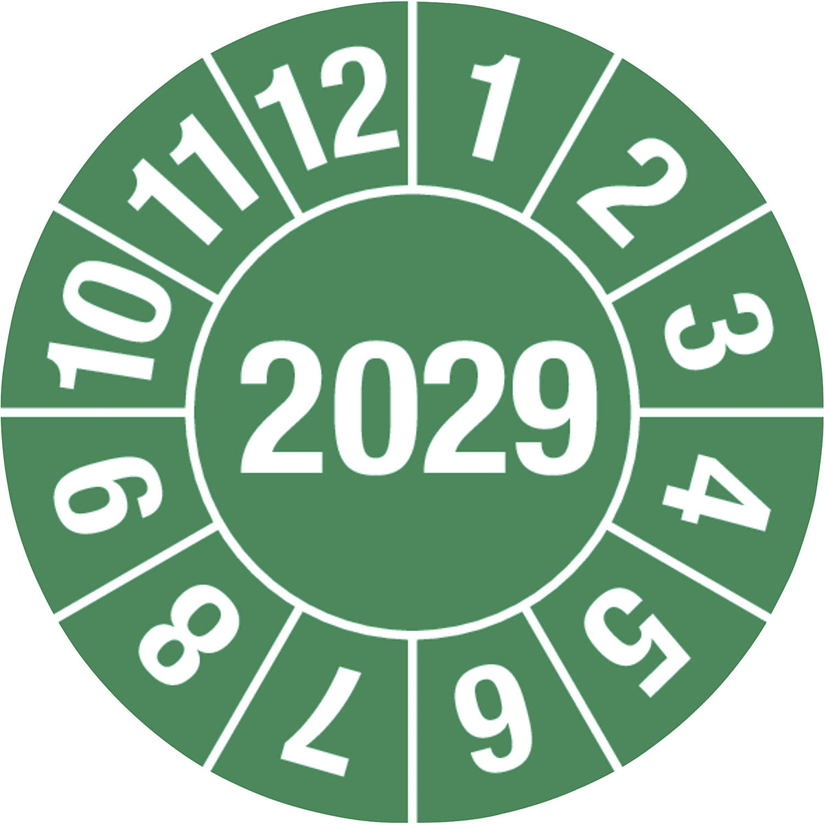 Test placard, 4 digit year, document film, Ø 15 mm, 2029, green.