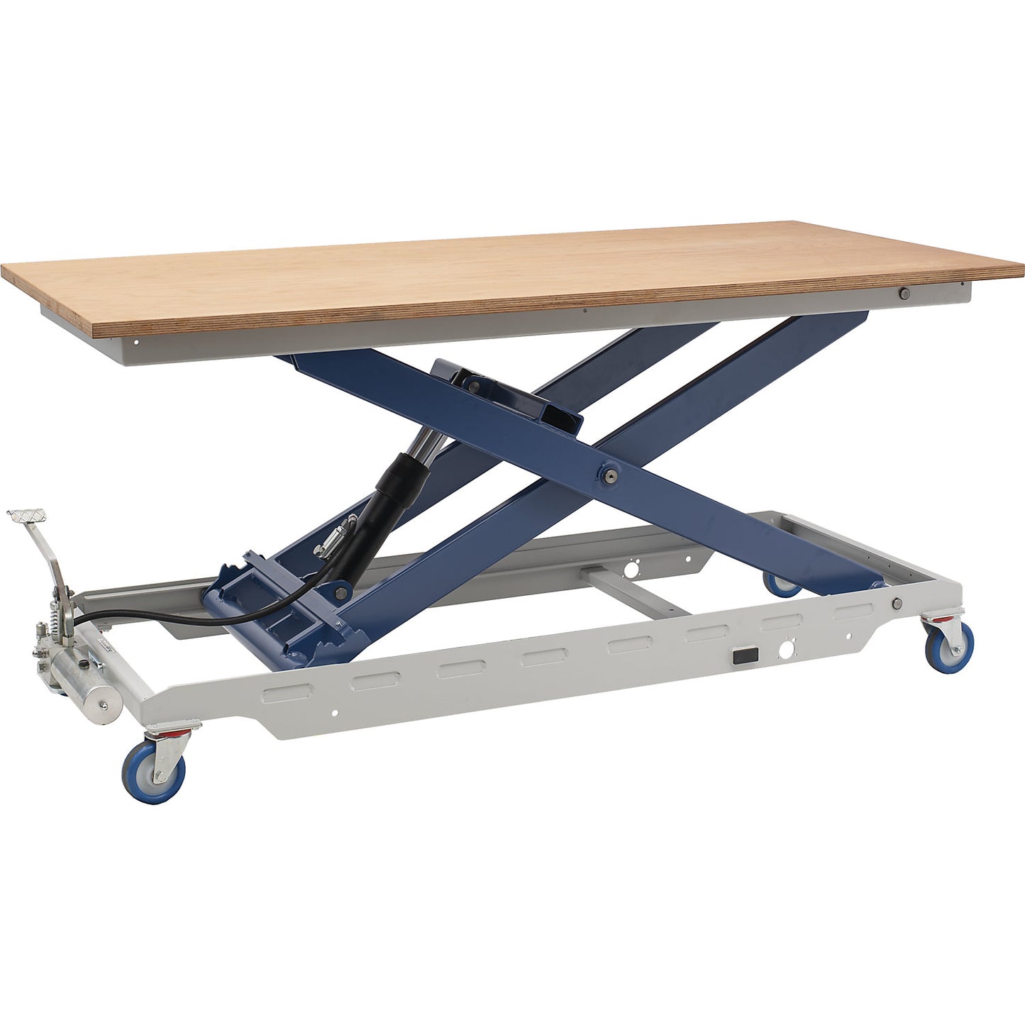 Mobile work table with lifting mechanism, height 430 - 1040 mm, max. load 600 kg, WxD 2000 x 1000 mm.